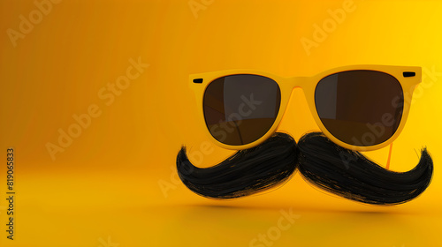 April fools day concept with mustache and glasses on yellow background. 3d rendering of hipster yellow sunglasses and funny moustache. Perfect for prank or father`s day celebration.