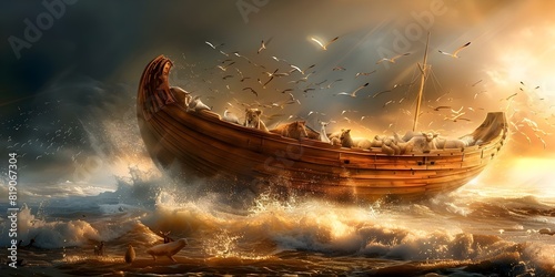 Biblical story of Noahs Ark with animals surviving a troubled stormy ocean. Concept Noah's Ark, Animals, Stormy Ocean, Survival, Biblical Story