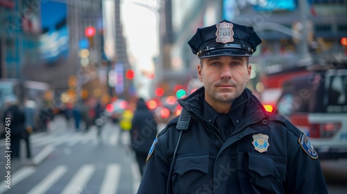 A police officer stands watch on a bustling city street, as the vibrant lights of the city cast a vivid glow on the scene.