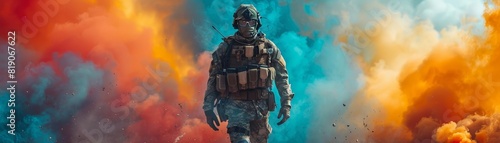 low angle on soldier using smoke grenade, colorful smoke in background, ultra detailed, 8K, war colors, sony a7,