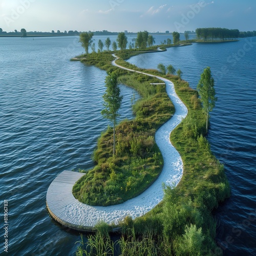 Aerial drone view of path on dam in polder water from above, landscape and nature of North Holland, Netherlands Please provide high-resolution