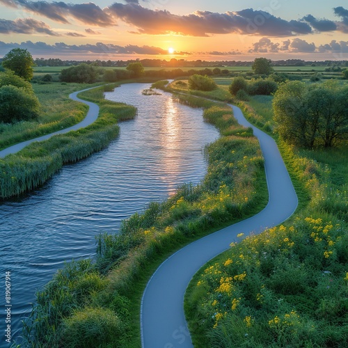 Aerial drone view of path on dam in polder water from above, landscape and nature of North Holland, Netherlands Please provide high-resolution