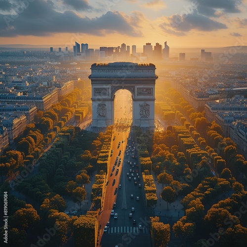 Aerial photo of the Arc de Trioumphe in Paris, France Photo taken early morning, Champs Elysees leads from the Arc to the top right corner of the photo Please provide high-resolution