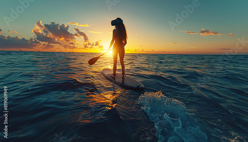 A woman uses VR while paddleboarding at sunset. Generated by AI