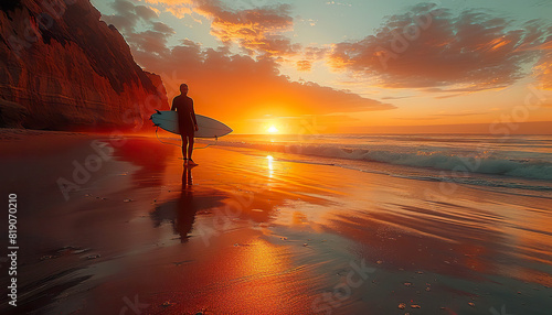 Surfer walking on the beach at sunset. Generated by AI.