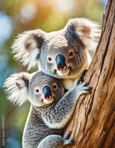 Koala in a tree with her baby joey up close.