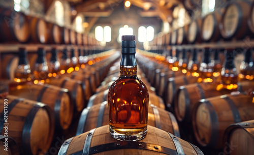 Bottle of whiskey on the background of oak barrels in the cellar of the winery