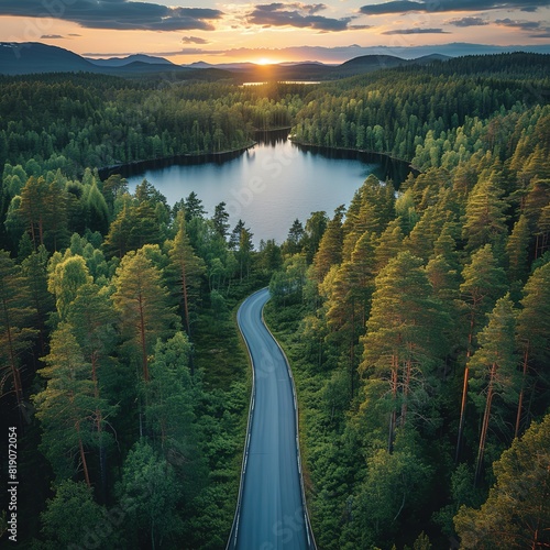 Aerial view of road between green summer forest and blue lake in Finland Please provide high-resolution