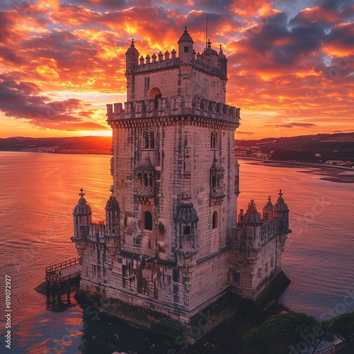 Aerial view of Tower of Belem at sunset, Lisbon, Portugal on the Tagus River Please provide high-resolution