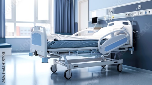 Empty Hospital bed specially designed for hospitalized patients, Hospital equipment, clean and modern