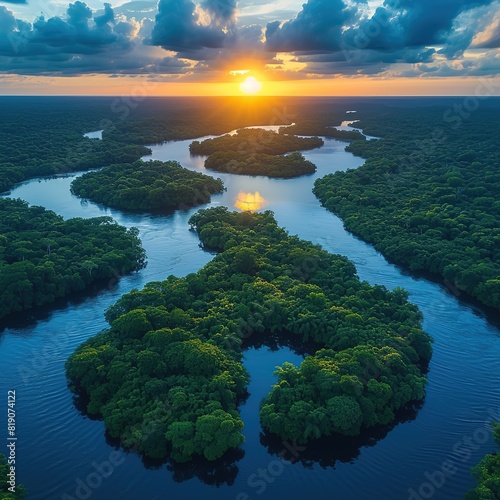 Anavilhanas archipelago, flooded amazonia forest in Negro River, Amazonas, Brazil Aerial drone view Please provide high-resolution