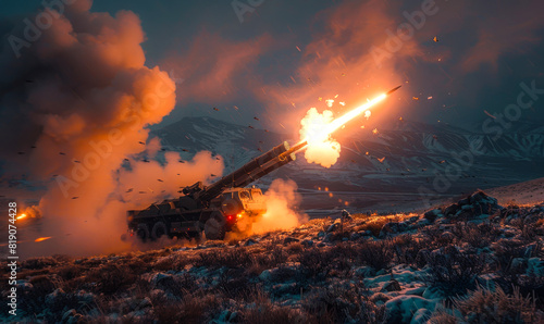 Artillery firing in the mountains. Nighttime operation of a missile launcher