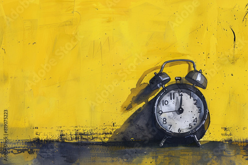 A painting of an alarm clock against a bright yellow wall. Suitable for time management concepts