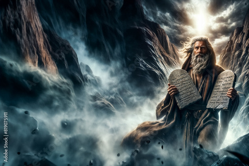 Mosè e le tavole dei 10 comandamenti, scende dal monte Sinai