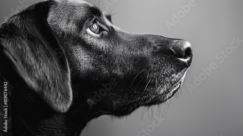 Black Labrador retriever portrait. Close-up of a black Labrador retriever's face with focus on its eye in black and white..