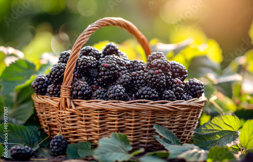 Fresh ripe blackberries in basket in the garden