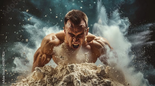 Extremely displeased body builder hitting huge pile of protein powder.