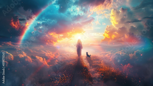 Woman with her pet walking outdoors, looking at the rainbow