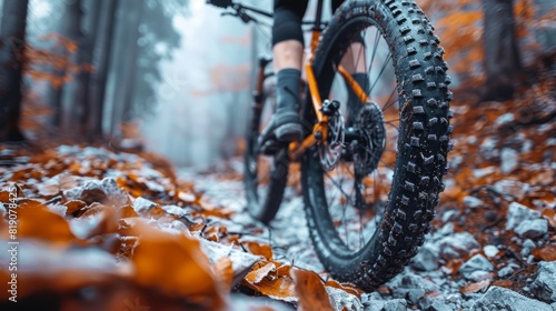 Mountain biker's tire close-up on a rocky forest trail with fallen leaves.