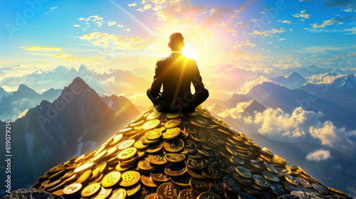 Business man sitting on top of golden mountain, dream of being rich