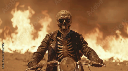 Skeleton biker riding his motorcycle in hell fire