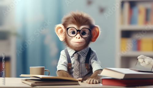 A monkey wearing glasses sits on a desk with a cup and a stack of books