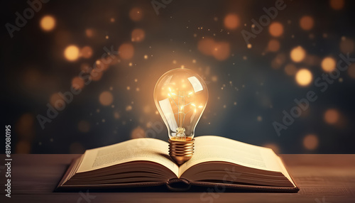 A light bulb is glowing inside of a book