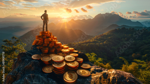 Man standing on pile of golden coins, on top of a mountain, dreams of being rich