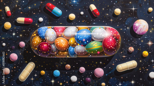 Drug pill on space-themed background, concept of unreal pleasure from drugs