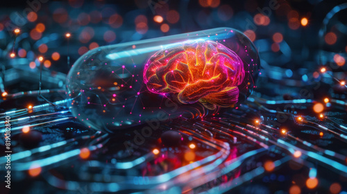 Capsule with glowing brain inside - futuristic medicine, cure for Alzheimer's disease