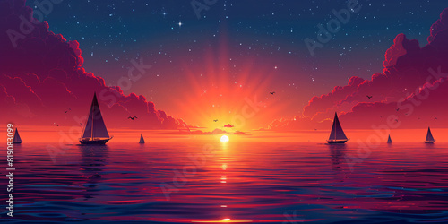 Flat illustration of a sunset beach cruise with sailboats and dolphins