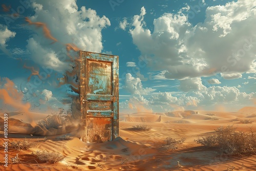 A weathered wooden door standing alone in the middle of a vast, sandy desert, partially open, with sunlight streaming through, hinting at a new beginning or venture