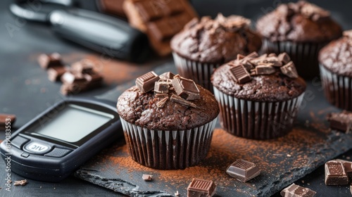 Glucometer and chocolate muffins: balancing treats with blood sugar monitoring.