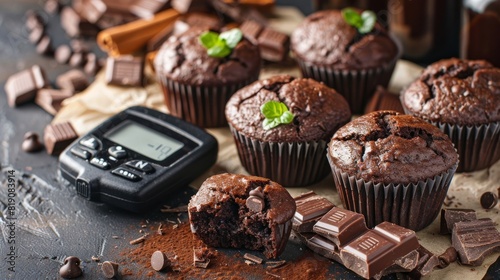 Glucometer and chocolate muffins: balancing treats with blood sugar monitoring.