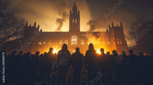 Students protest on college campus at night 