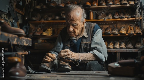 An old man sitting in a shoe shop. Suitable for retail or elderly concept