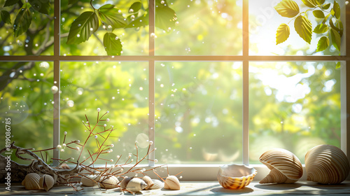 A photo of a bright room with a large window through which you can see green trees. Stones, shells and twigs are arranged on the windowsill 