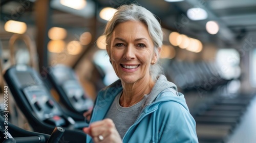 A confident senior woman with gray hair is exercising on a treadmill in a gym.