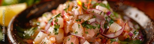 Ceviche, fresh fish marinated in lime juice with onions and cilantro, seaside Peruvian restaurant