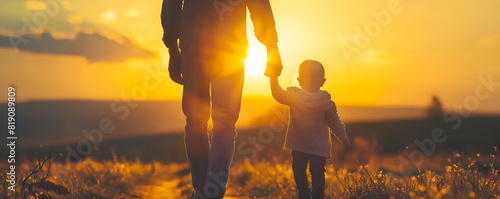 Dad and child walking in sunset, holding hands. Perfect for father's day greeting card or happy family banner.