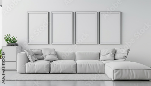 Stylish white media room design with four blank frames on a snow-white wall, an off-white sectional, and a contemporary white media unit.