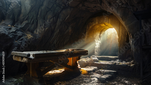 Entrance of empty cave tomb of Jesus Christ shroud in Calvary hill Depicting Easter Resurrection