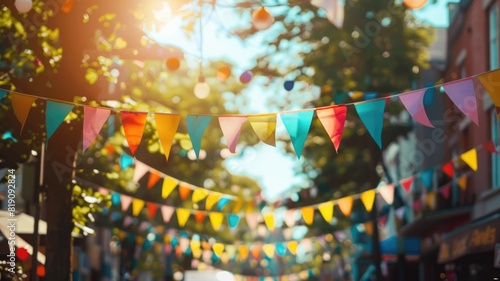 Sunlit outdoor festival with colorful triangular flags and trees