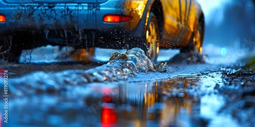 Car navigating through a muddy street with flowing water streams. Concept Driving in the Rain, Flooding Concerns, Mud and Water Hazards, Wet Weather Safety, Navigating Tricky Roads