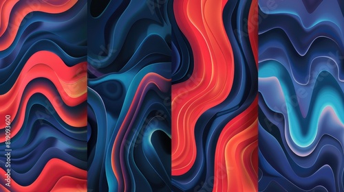 Four abstract paintings with blue and red waves. AIG51A.