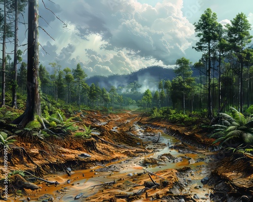 A dense forest with a muddy dirt path and cloudy skies, creating a dramatic landscape with lush greenery and overcast atmosphere.