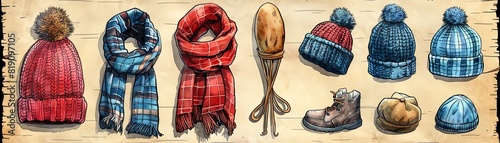 Winter clothing and accessories, such as hats, mittens, and scarves, great for labeling and vocabulary exercises