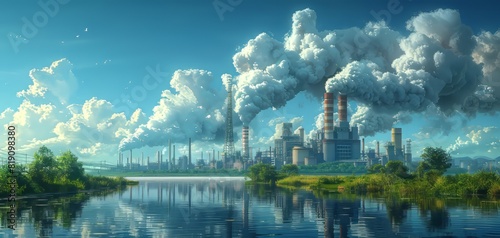 Industrial landscape with factories emitting smoke, reflected in a calm river, symbolizing environmental pollution and climate change.