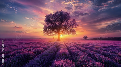 A Lone Tree in a Field of Flowers at Sunset