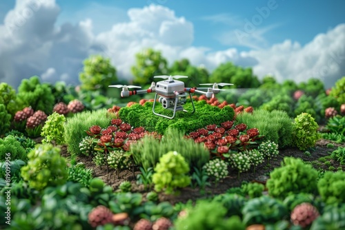Isometric vector automated survey potato field monitoring modern farming drone farm drone technology unmanned aerial view farming surveillance crop fertilization aerial at